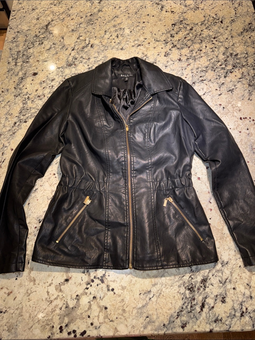 Baccini Black Faux Leather Zip Jacket with Gold Hardware